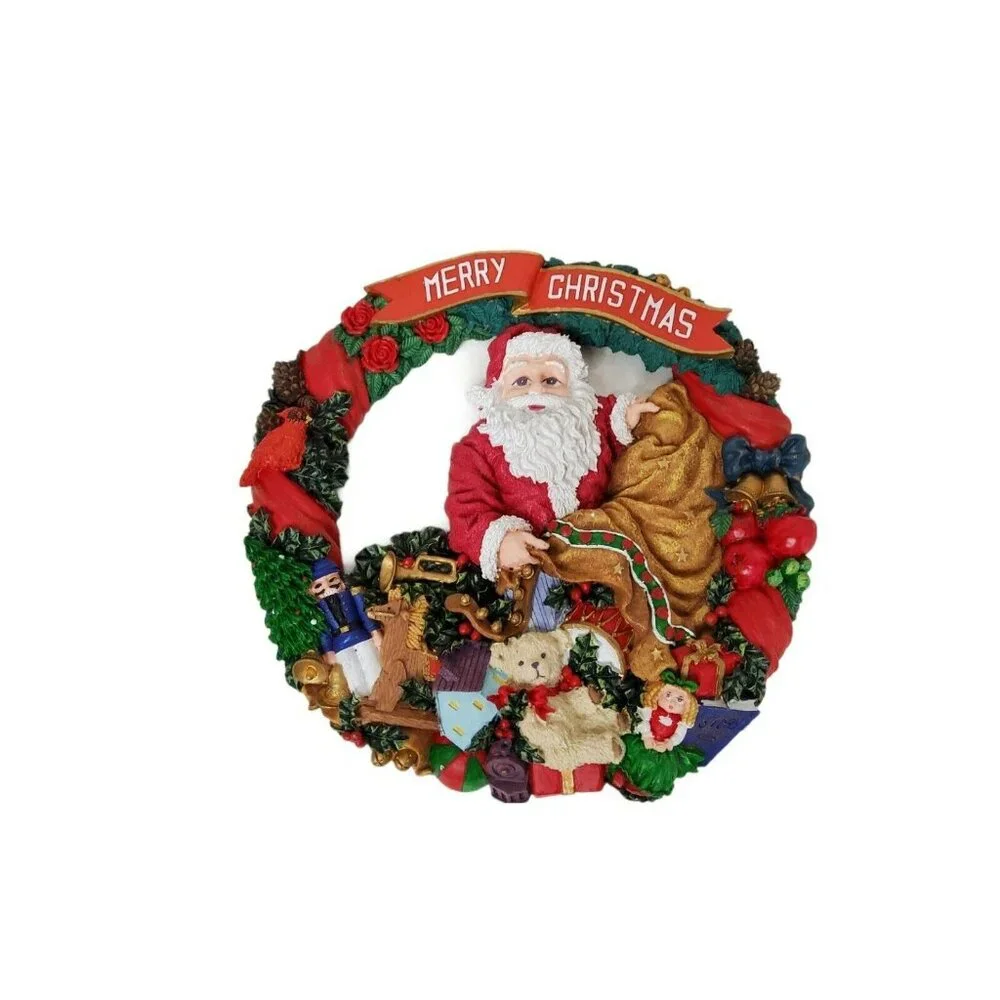 Vintage Resin Merry Christmas Santa Wreath With Bag and Presents. - Picture 3 of 5